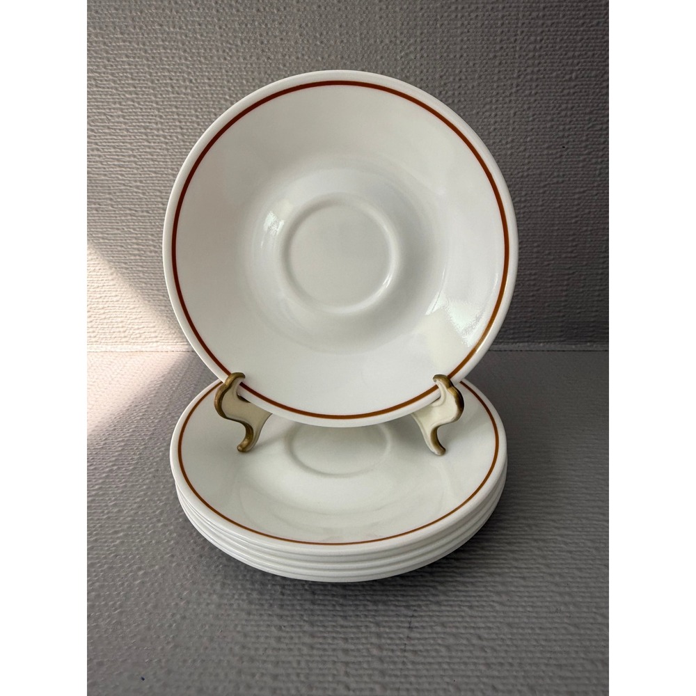 Corelle by Corning Gingerbread Brown Rim White Saucer Plates Set of 6 Vintage